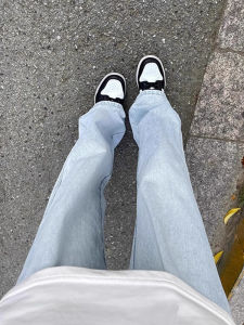 กางเกงยีนส์ทรงตรงสำหรับผู้ชาย กางเกงขายาวทรงหลวมบางๆ ทรงย้อนยุค สไตล์อเมริกัน กางเกงขายาวทรงหลวมสีฟ้าอ่อน