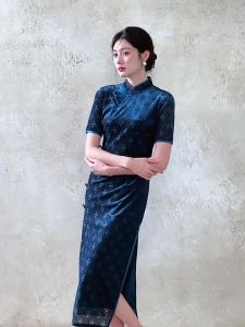 Elegant and Minimalist Deep Blue Velvet Chinese Qipao for Brighter Skin