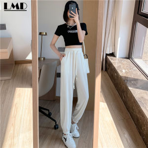 AMMIN โบว์เอวสูงสไตล์เกาหลีแบบยืดได้กางเกงขาม้าไอซ์ซิลค์เข้ารูปทรงเอวสูงแบบตรงบางสำหรับผู้หญิงใส่ในฤดูร้อนมีกางเกงลำลอง9นาที