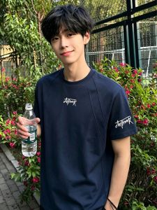OUMULONG | Navy Blue Embroidered Letter Stitching T-shirt