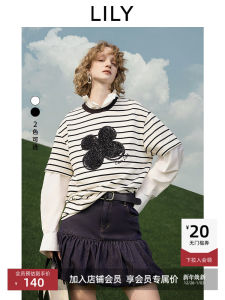 Lily Striped Pure Cotton Short Sleeve T-Shirt Womens Loose Fit round Neck Casual Style Spring 2025 Fashion Trend