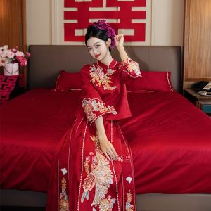 ชุดเจ้าสาว Qionglan 2026 ชุดฮ่องกงสไตล์จีนใหม่สำหรับผู้หญิงวัย 25-35 ปี ชุดแต่งงานแบบจีนย้อนยุค แขนยาว 7 นิ้ว ผ้าโพลีเอสเตอร์ผสม