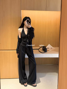 He Chenxi Korean Loose Sensation Tencel Three-Piece Set Neck Hanging Strap Inner Match Cardigan Outer Wide Leg Casual Pants