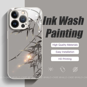 เคสสำหรับ iPhone 16 Pro Max 15Promax 14Promax 13 12 11Promax หลังกระจกสีสเปรย์เคสโครงอ่อนโลหะเคสแข็ง "หมึกซักสไตล์ไม้ไผ่" สีชมพูสีเงินสีฟ้า