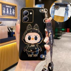 Phone Case VIVO Y03 Y03t Y28s Y28 Y18s Y18 Y100 5G 4G Cute Cartoon Makeup Mirror Bracket Casing with Lanyard Lens Protection Shockproof Soft Back Cover 2025