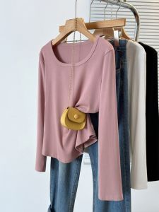 plus Size Womens U-Neck Long Sleeve T-Shirt Slimming Top Belly Concealing Meat Hiding Base Layer Shirt Autumn Casual Cotton