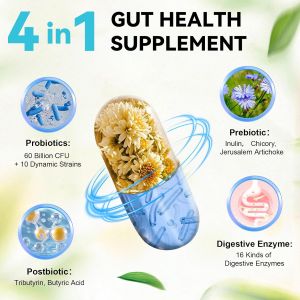 Totaria 4-in-1 Gut Health Supplement with Probiotics Prebiotics Postbiotics & Digestive Enzymes for Women & Men 60 Billion CFU Probiotics for Gut and Digestion Strong Immunity Skin