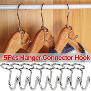 5pcs Stainless Steel Hanger Connector Hooks Wardrobe Retractable Cascading Hangers Home Hooks Save Space