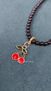 Chuỗi cổ đá Mã Não đen kiểu choker size hạt 4 li dài dây 40-45cm phối mặt dây trái cherry phong cách độc đáo thời trang | Hoa Minh Gem