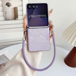 Denim Texture Phone Case For Samsung Galaxy Z Flip 8 7 6 5 4 Detachable Hand Wrist Strap Hinge Full Protection Shockproof Cover
