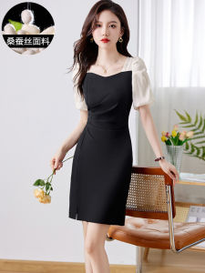 Elegant Fashionable Zhejiang Silk Slim Fit Dress with Pleated Bubble Sleeve Design High End Lightweight Summer Dress