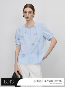 ECHO Luxury Handmade 3D Floral Embroidery Womens Shirt Striped Summer New Style Cotton Blend Comfortable Fit Korean Style