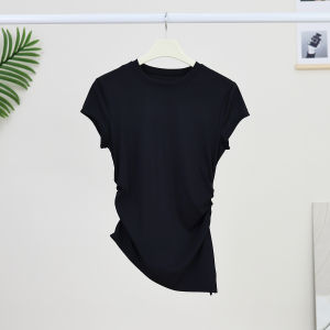 Sporty Slim Fit T-Shirt Womens Summer New round Neck Pleated Asymmetric Fitness Short Sleeve Gym Running Ladys Top