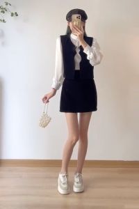 Set 3 món áo sơ mi mix áo ghile nhung và chân váy chữ a - 247StoreFashion - Setnhungmixaosatin0203