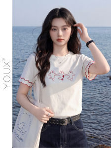 YOUXIANG | Áo Thun In Hoa Viền Đối Chiếu Màu Cổ Tròn Rộng Dáng Suông Mùa Hè