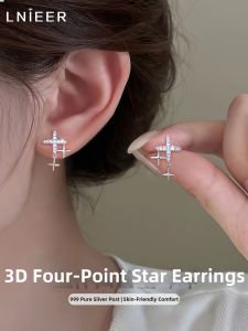 Lnieer | Sparkling Diamond Delicate Simple Earrings 999 Pure Silver Four Point Star