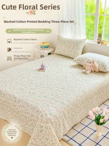 MANSHIAN | Soft Skin-Friendly Washed Cotton Floral Bed Sheet and Pillowcase Set Single Bed