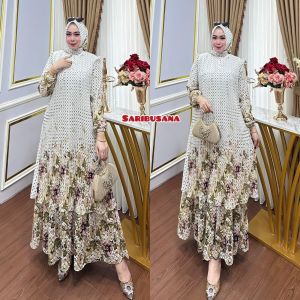 Gamis Ceruty Plisket Premium Motif Set Hijab Mix Renda Cantik
