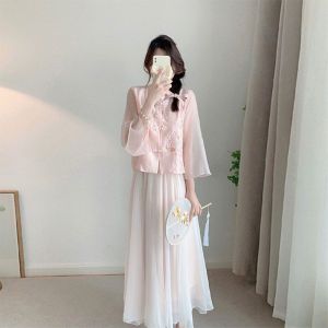 [Candy style] Summer new Tang clothing Chinese style new Chinese style improved Hanfu womens clothing pink shirt dress two-piece set