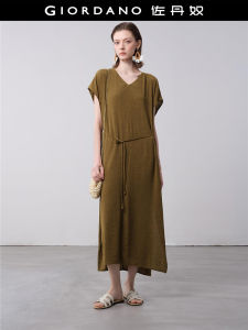 Designer Style Gantner Short Sleeve Gown Womens Pleated Texture V-neck Miniature Sleeve Tie Waist Dress Summer Fashion