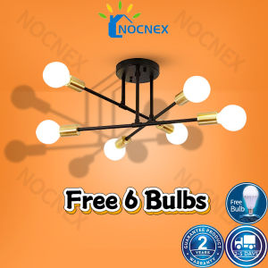 【Free LED Bulb】Nordic 6 Heads Chandelier Ceiling Lights Modern Industrial Style Personality Ceiling Lamp Geometric LED Pendant Lighting For Living Room NOCNEX