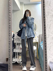 High Waist Plaid Casual Pants Womens Spring Summer New Large Size Fat MM Draped Straight Leg Pants Chess Board Loose Wide Leg Pants