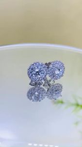 Khuyên tai nữ bạc xi bạch kim kiểu tròn tầng đá chủ 4mm Bông tai nữ đính kim cương moissanite Mỹ D/FL màu trắng và Đá moissanite màu xanh Hoa tai bạc thật thiết kế sang trọng đẳng cấp - KIM LỘC PHÁT BT2TTV04