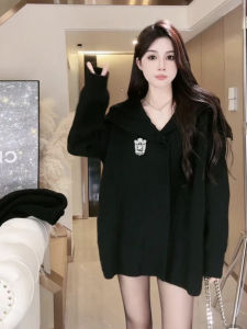 Áo Len Dệt Kim Dài Tay Màu Đen Cổ Bẻ Rộng Rãi Thời Trang Thu Đông Mới Đa Năng Áo Khoác Ngoài Thường Ngày Cho Nữ