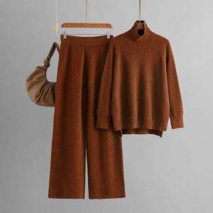 Autumn Winter Women High Neck Elegant Knit Sweater Top Pants 2-piece Sets Long-sleeved Pullovers Casual Loose Womens Clothing