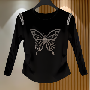 Pure Cotton Long Sleeves T-shirt Female 2024 Autumn New Arrival Butterfly Diamond Hot Rhinestone Beaded Fashion All-Match Slim Looking Tops Female