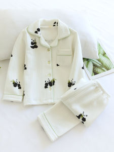Kawaii Cream Panda Thickened Pure Cotton Air Layer Sleepwear Set Childrens Home Clothes Boys And Girls Warm And Breathable