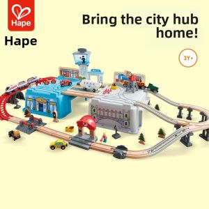 Hape | Wooden Train Set with Hub Storage Toy for Boys and Girls 3+