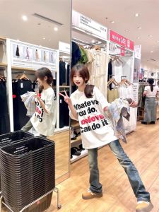 Pure Cotton Oversize Letter Print T-Shirt for Women Loose Fit Summer Casual Crewneck Short Sleeve Tops for Couples