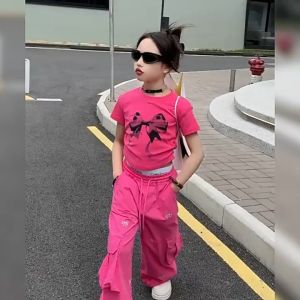 Hip-Hop Cargo Pants for Kid Girls Wide Leg Pants Baggy Pants For Kids Girl Breathable Comfortable Street Style 4-Pocket Bow Print Decoration Childrens Trousers For Kids Girl 7-16yrs