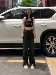 Sun Kissed #829 กางเกงยีนส์คาร์โก้ ขากว้าง กาเกงยีนส์ผู้หญิงสไตล์ใหม่ ทรงคาร์โก้เอวสูงออกแบบดูผอม กางเกงขาตรง ปรับเอวได้