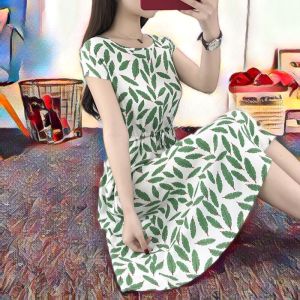 ผ้าฝ้าย ผ้าไหม Midi เดรส ผู้หญิง ฤดูร้อน แฟชั่นแขนสั้น เอว Cinched พรางหุ่น ชุดอยู่บ้านประดิษฐ์ ผ้าฝ้าย ชุดนอน ชุดราตรี