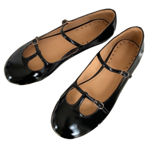 CAIZINI | Leather Round Toe Low-cut Strap Flat Mary Jane Shoes
