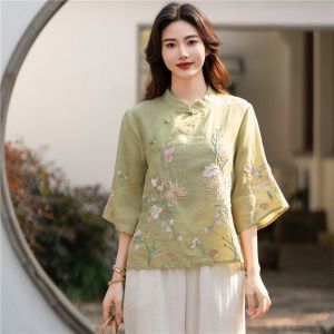 Luckin hàng hiệu cho phụ nữ áo phông thêu cho phụ nữ áo sơ mi Trung Quốc cổ áo Retro Áo cánh khóa đứng cổ áo phụ nữ áo ngắn tay 2025 mùa hè mới