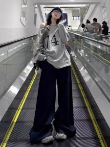 Deep Blue Vintage Denim Pants Womens High Waist Loose Drapey Wide Leg Floor-Length Trousers for Tall Women over 175cm