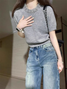SHUQINGLAI | Decorative Beads Heavy Knitting Short Sleeve T-shirt for Women Summer