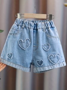 Summer Love-Themed Pleated Denim Shorts Cute Girls Shorts With Elastic Waist for Comfortable Wearing.
