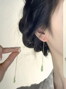 New Chinese Style Green Teardrop Tassel Earrings Womens Cool Sensation High-End Feeling Ancient Style Clip-On Earrings