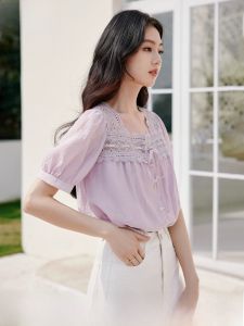 French Style Short Sleeve Shirt Womens Commute Shoulder Bore Hole Lace Purple Top Sweet Style Straight Tube Bubble Sleeve