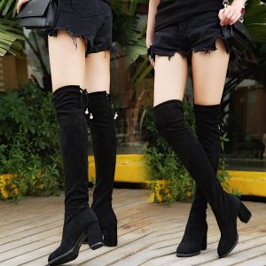 Knee-high Boots Womens Mid-heel Elastic Boots Autumn Winter New Style Slimming Boots Fashionable Korean Style Velvet Material