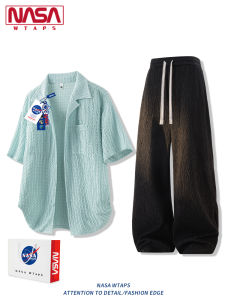 NASA WTAPS Mens Ice Silk Hollow Short Sleeve Shirt Pants Set Summer Thin Simple Style Polyester Fiber Casual Sports Suit