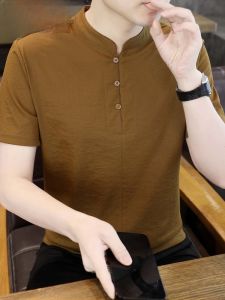 HENGYUANXIANG | เสื้อยืดคอกลมแขนสั้นผ้าฝ้ายลินินสไตล์จีนสำหรับผู้ชาย ฤดูร้อน 2025 เสื้อยืดคอกลมคอตตอนสีพื้นแบบลำลองสำหรับทุกโอกาส