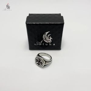 [MỚI] - Nhẫn Titan CH họa tiết hoa Iris khắc chìm phong cách signet tròn gia công tỉ mỉ - R136 - Aluha