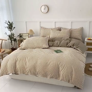 4 in 1 Bedsheet Set Korean Cotton Checkered Duvet Cover +Flatsheet + 2PCS Pillowcases For Home/Dorm Single Queen King