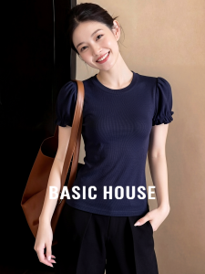 Basic House | Fashionable Blue Round Neck Shouldered Cinched Waist Puff Sleeve Women T-Shirt