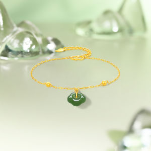 ZHOU LIU FU 周六福 999 24K Solid Gold Chain Bracelet Green Jade Ruyi White Jade Square Charm Bracelets Lucky Forune Thin Link Adjustable Dainty Jewelry for Women 16+3CM Y0714710/Y0714711